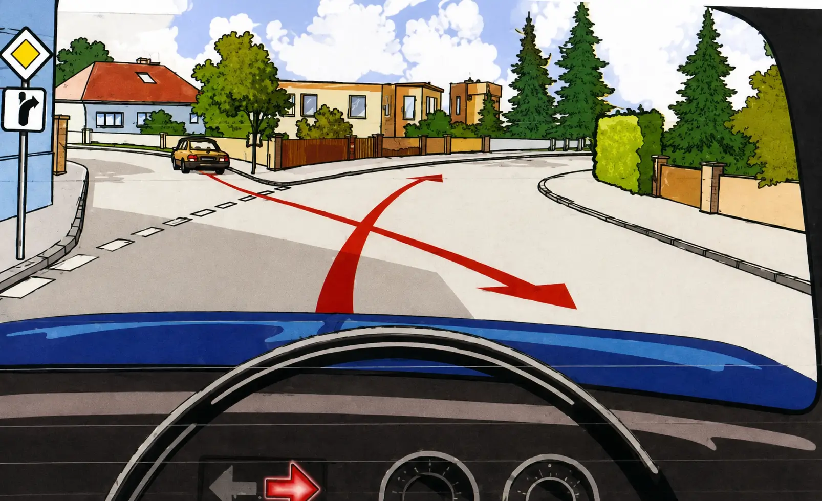 Driver's view on a priority road with a car on the left, red arrows showing turning path